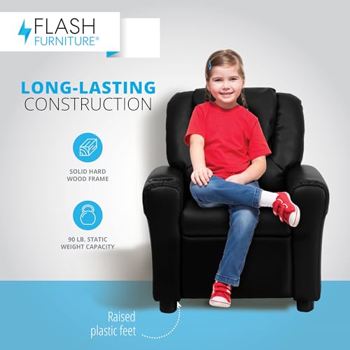 Flash Furniture Vana LeatherSoft Kids Recliner with Cup Holder, Headrest, and Safety Recline, Contemporary Reclining Chair for Kids, Supports up to 90 lbs., Black