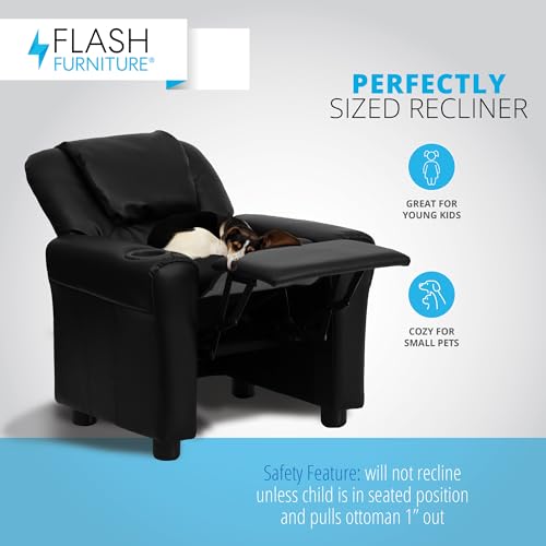 Flash Furniture Vana LeatherSoft Kids Recliner with Cup Holder, Headrest, and Safety Recline, Contemporary Reclining Chair for Kids, Supports up to 90 lbs., Black