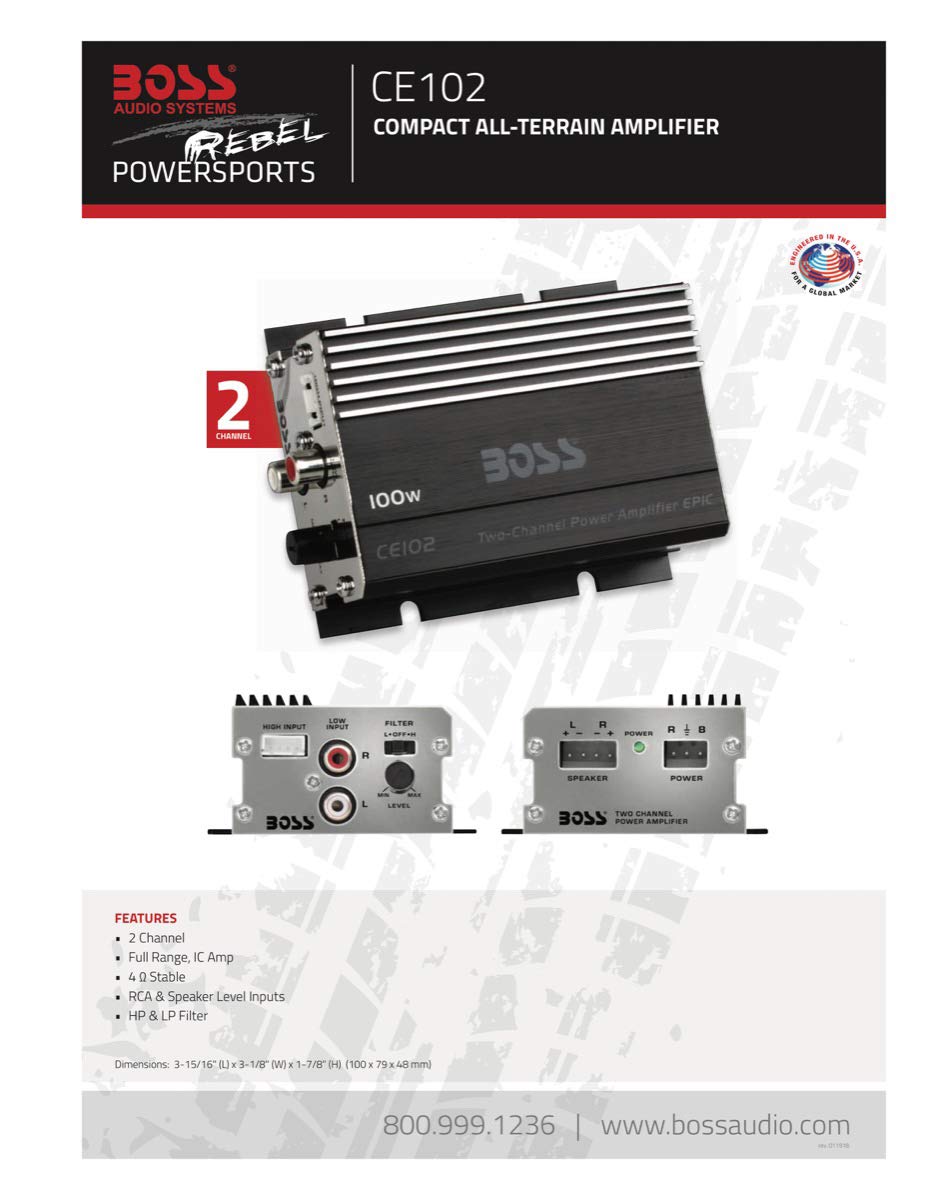 BOSS Audio Systems CE102 2 Channel Car Amplifier - 100 Watts, Full Range, Class A/B, IC (Integrated Circuit)