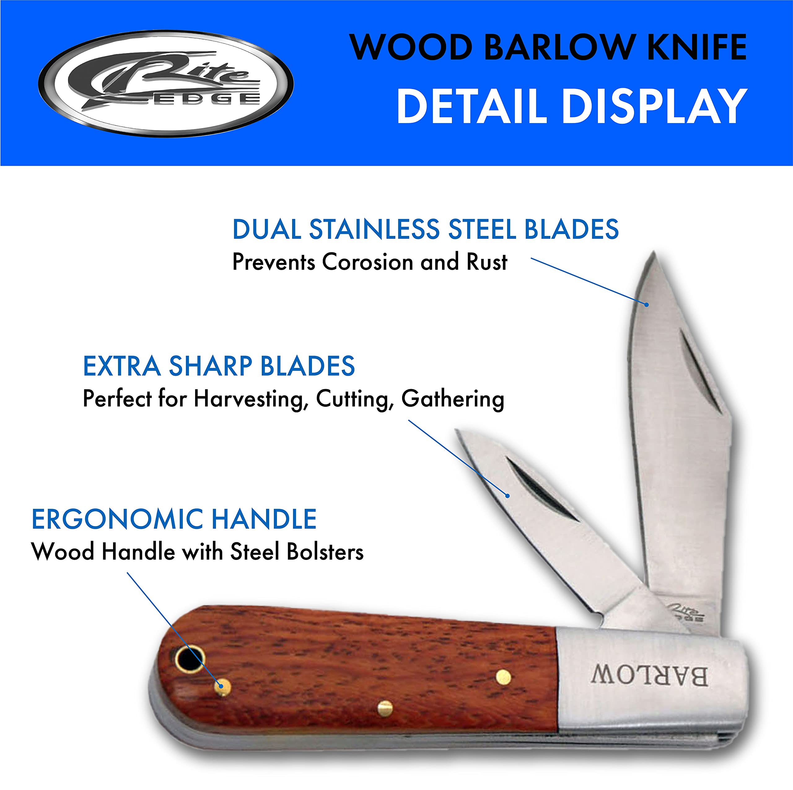 SZCO Supplies Rite Edge : 4” Wood Handle Dual Blade Barlow Knife, Brown (210601)