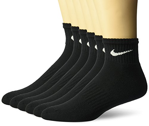 NIKE Unisex Performance Cushion Quarter Socks with Band (6 Pairs), Black/White, Large