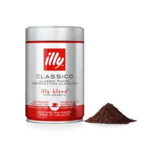 illy ground coffee espresso - 100% arabica coffee ground – classico medium roast - notes of caramel, orange blossom & jasmine - rich aromatic profile - precise roast - no preservatives – 8.8 ounce