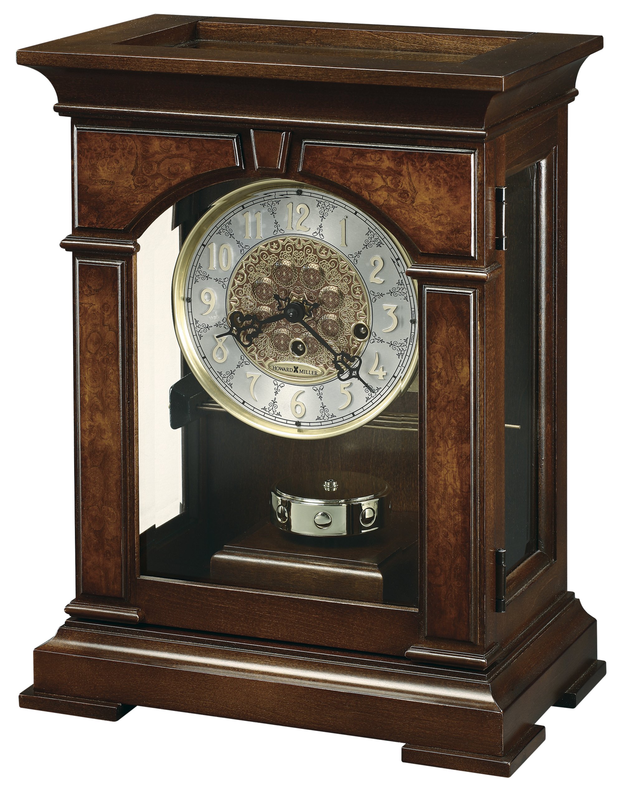 Howard Miller Emporia Mantel Clock 630266 – Cherry Bordeaux Finish, Front Glass Door & Ornate Dial, Vintage Home Decor, Brass Finished Pendulum, Key-Wound, Single-Chime Movement