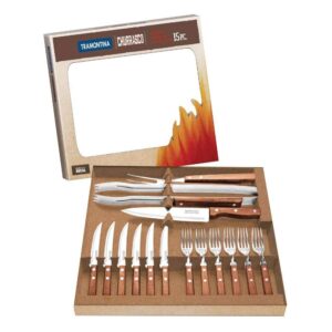 Tramontina 22399/028 Dynamic Natural Wood Barbecue Kitchen Tools 15 Piece Set Churrasco Tools Durable Stainless Steel Large Size Natural Wood Made in Brazil 22399/028