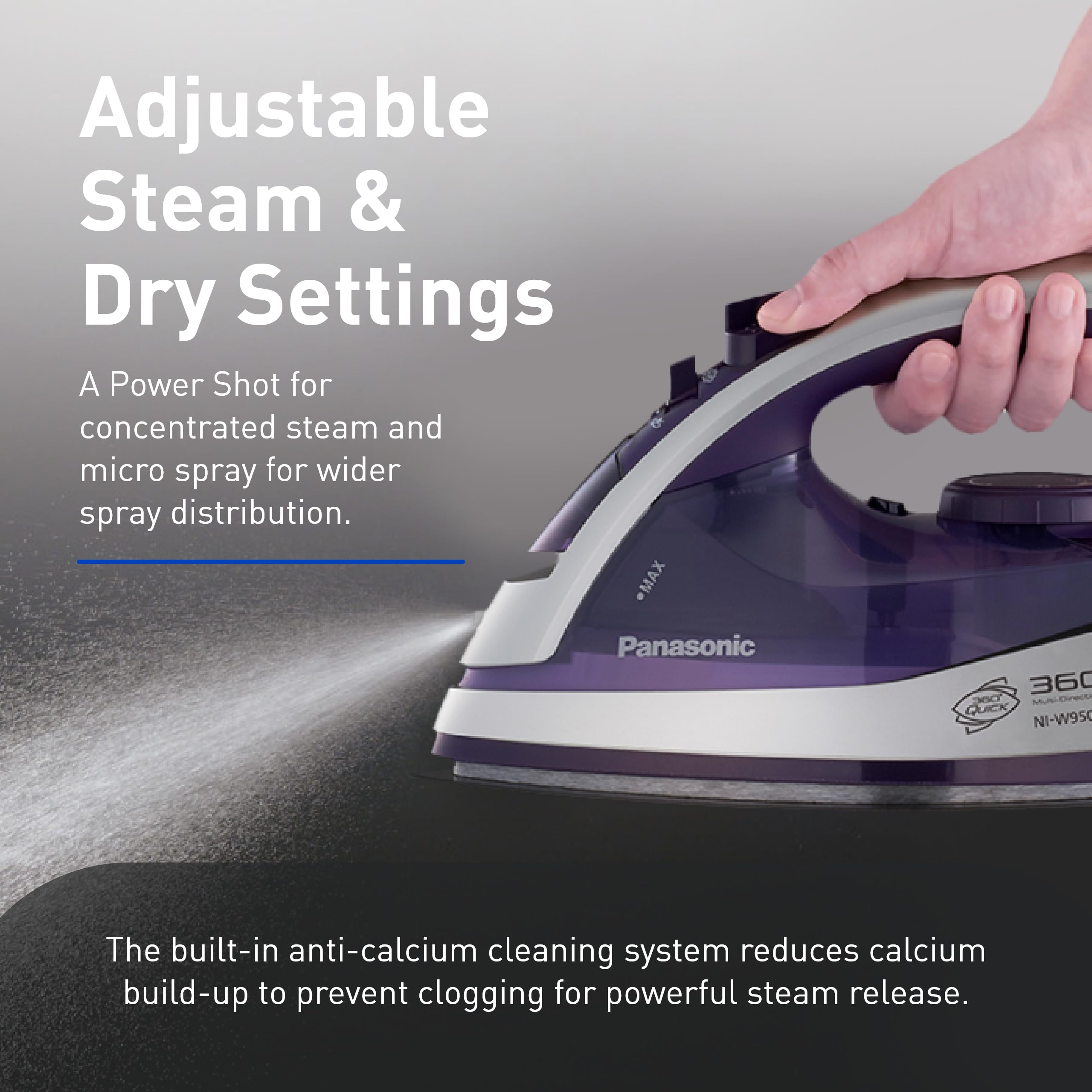 Panasonic Dry and Steam Iron with Alumite Soleplate, Fabric Temperature Dial and Safety Auto Shut Off – 1700 Watt Multi Directional Iron – NI-W950A, Purple