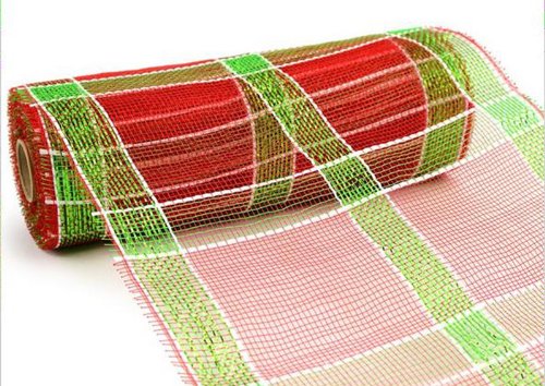 10 Inch x 10 Yards (30 feet) Deco Poly Mesh Ribbon - Red, White and Green Plaid : RE1313A7