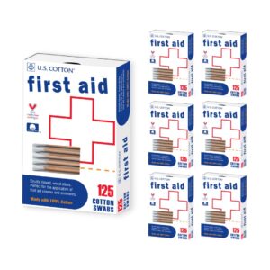 U.S. Cotton First Aid or Baby 100% Cotton Swabs, Wood Stick, 125 Count Boxes (Pack of 6 Boxes)