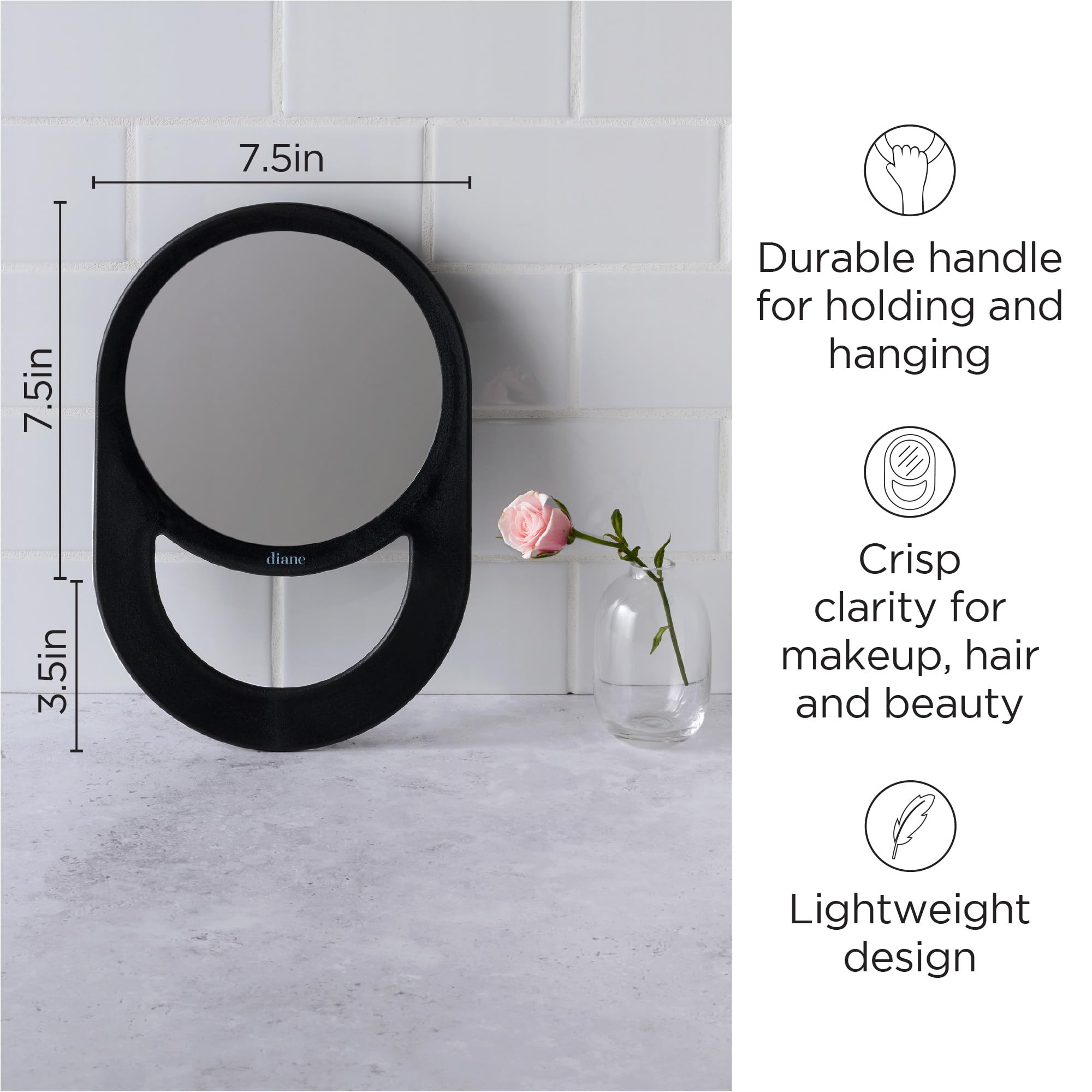 Diane Professional Quality Hand Mirror – Hand Held Mirror with Handle, Single Sided Vanity Makeup Mirror for Women, Men, Salon, Barber, Shaving, and Travel, Medium 7.5" x 11" In Black