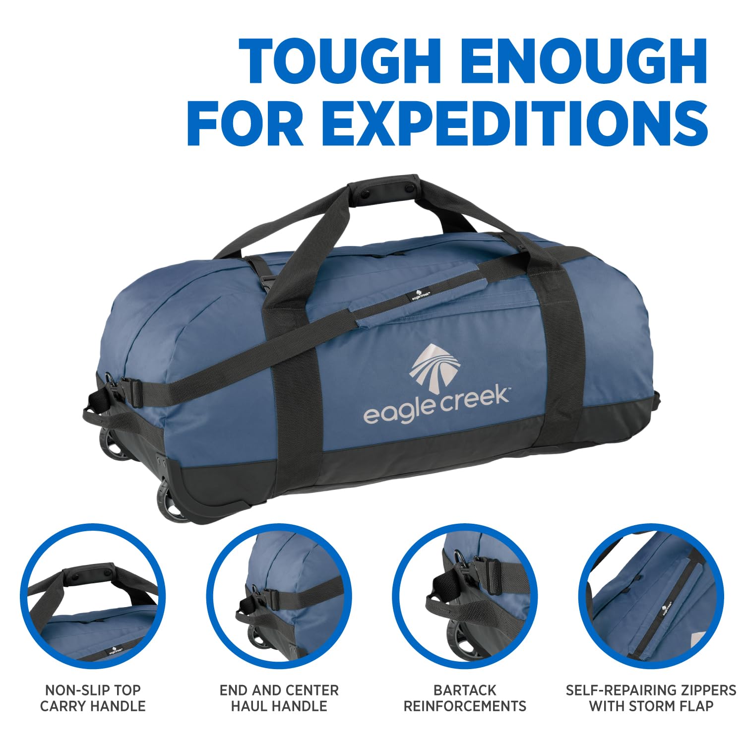 Eagle Creek No Matter What 130L Rolling Duffle Bag with Wheels, Padded Handle, Removable Shoulder Strap, and Quick-Access Front Pocket, Collapsible, Slate Blue