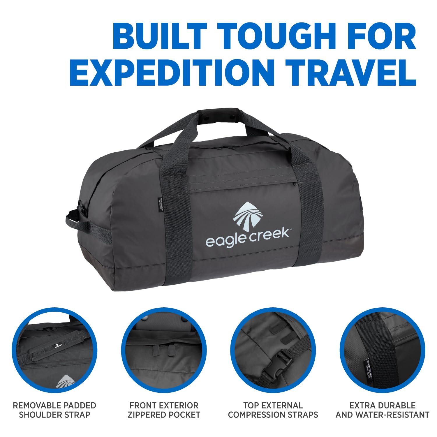 Eagle Creek No Matter What 90L Duffle Bag for Travel - Durable and Water-Resistant, with Removable Shoulder Strap, Compression Straps, and Storage Pouch, Jet Black - L