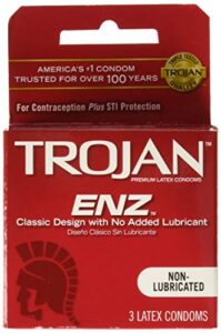 trojan enz non lubricated premium latex condoms, 3 count per pack - 3 per case.