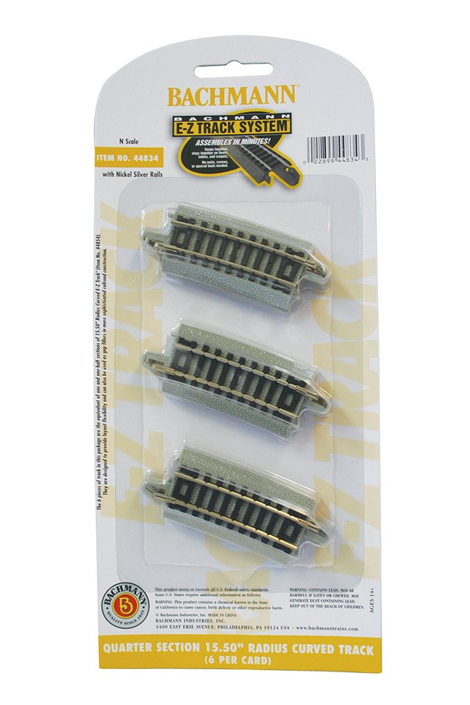 Bachmann Industries Quarter Section 15.50" Radius Curved Track (6/Card) Snap Fit E-Z Track, N Scale