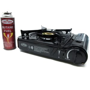 gas one gs-3800df dual spiral flame 11,000 btu portable gas stove with heavy duty clear carrying case, csa listed , black