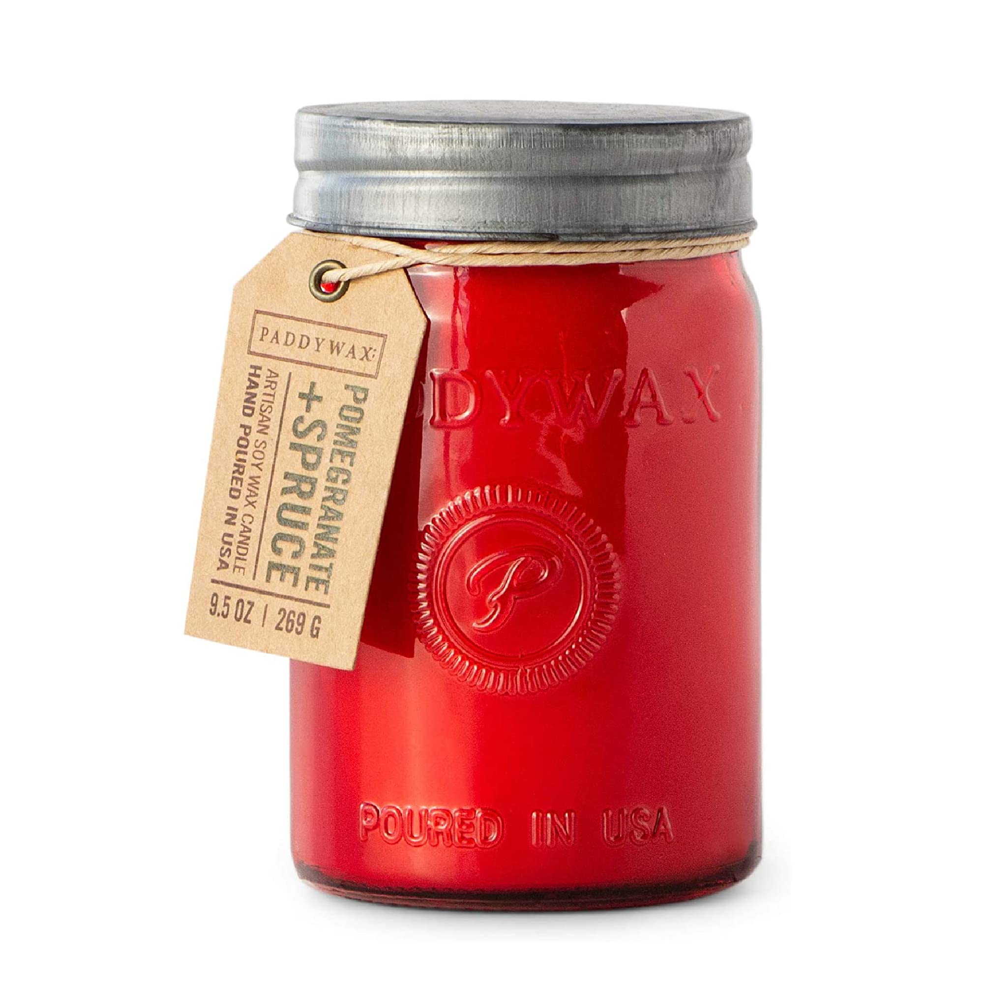 Paddywax Scented Relish Collection Soy Wax Artisan Candle in Glass Jar with Lid, 9.5-Ounce, Pomegranate + Spruce