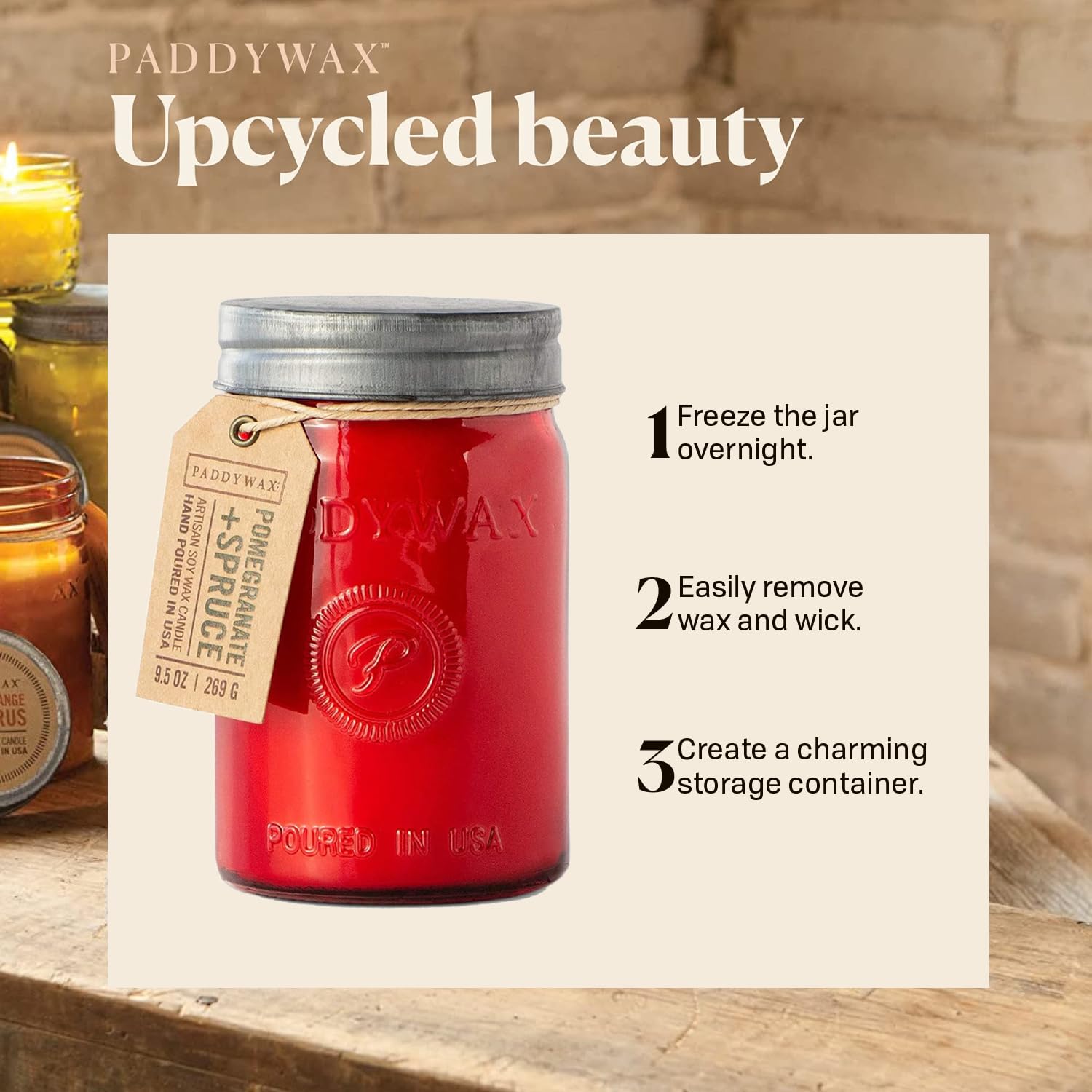 Paddywax Scented Relish Collection Soy Wax Artisan Candle in Glass Jar with Lid, 9.5-Ounce, Pomegranate + Spruce