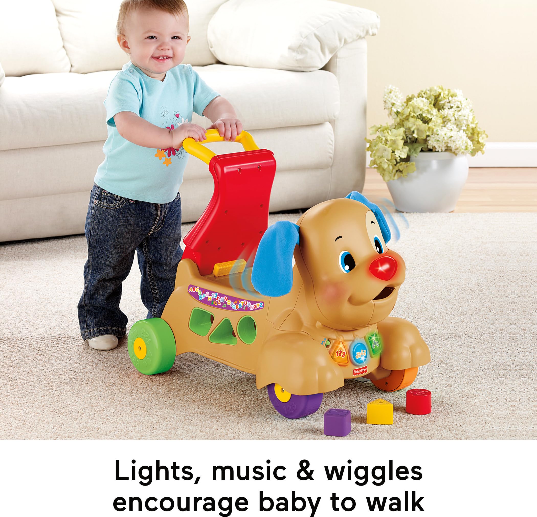 Fisher-Price Baby & Toddler Toy Laugh & Learn Stride-to-Ride Puppy Walker & Ride-On with Music Lights & Blocks for Infants Ages 9+ Months