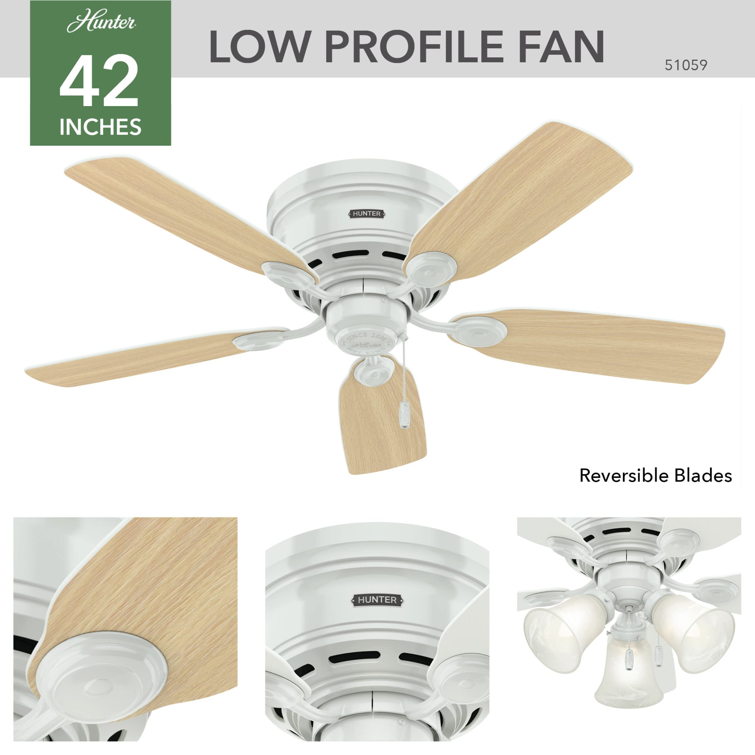 Hunter Fan Company 51059 Indoor Low Profile IV Ceiling Fan with Pull Chain Control, 42", White Finish