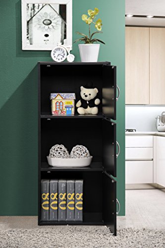 HODEDAH IMPORT 3-Shelf Bookcase Cabinet, Black