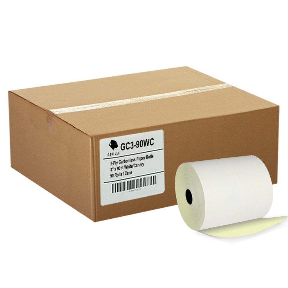 GORILLA SUPPLY Carbonless Kitchen Printer Paper Rolls, POS/Cash Register Paper Roll, White/Canary, M119 TM300 TMU200 U220, BPA Free, 3 inch x 90 ft 2-ply, 50 roll