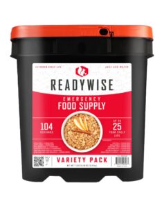 readywise - variety pack bucket, 104 servings, emergency, mre meal & drink supply, premade, freeze dried survival food, hiking, adventure and camping essentials, individually packaged, 25 year shelf life