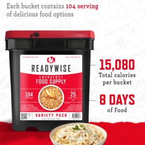 READYWISE - Variety Pack Bucket, 104 Servings, Emergency, MRE Meal & Drink Supply, Premade, Freeze Dried Survival Food, Hiking, Adventure and Camping Essentials, Individually Packaged, 25 Year Shelf Life