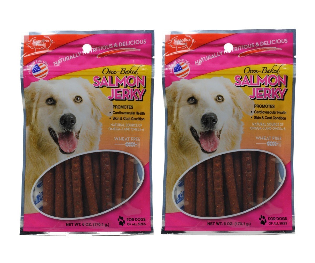 Carolina Prime 2 Pack of Oven-Baked Salmon Jerky Wheat-Free Dog Treats, 6 Ounces each, Made in the USA