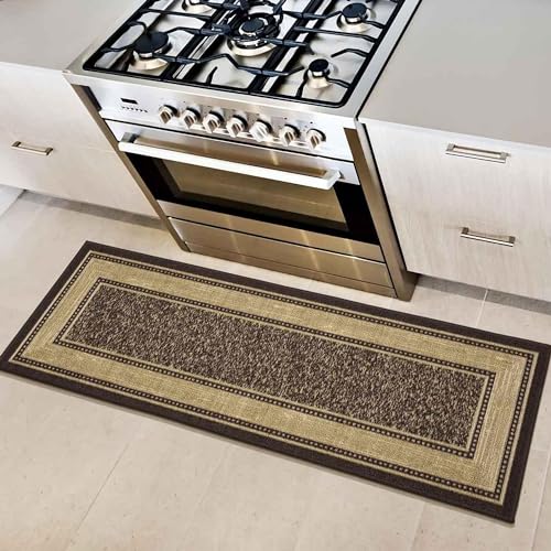 Ottomanson Machine Washable Bordered Design Non-Slip Rubberback 2x5 Traditional Runner Rug for Hallway, Kitchen, Bedroom, Entryway, 20" x 59", Brown