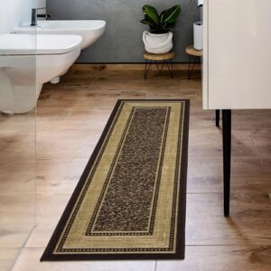 Ottomanson Machine Washable Bordered Design Non-Slip Rubberback 2x5 Traditional Runner Rug for Hallway, Kitchen, Bedroom, Entryway, 20" x 59", Brown