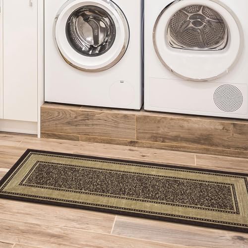 Ottomanson Machine Washable Bordered Design Non-Slip Rubberback 2x5 Traditional Runner Rug for Hallway, Kitchen, Bedroom, Entryway, 20" x 59", Brown