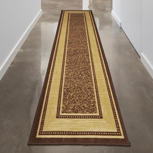 Ottomanson Machine Washable Bordered Design Non-Slip Rubberback 2x5 Traditional Runner Rug for Hallway, Kitchen, Bedroom, Entryway, 20" x 59", Brown