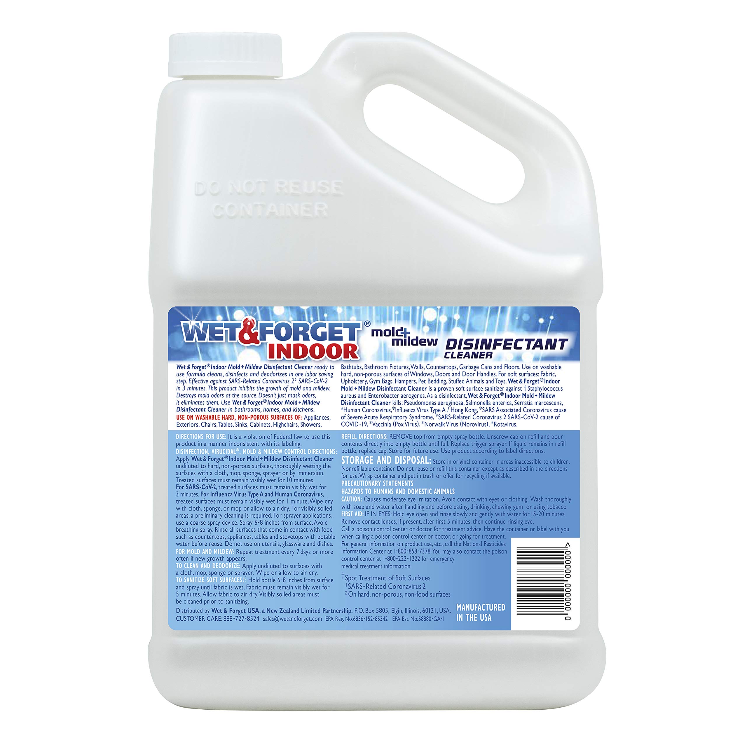 Wet & Forget Indoor Mold and Mildew All-Purpose Cleaner Deodorizes, Disinfects, Kills 99.9% of Bacteria and Viruses, Refill, 128 Fl. Oz.