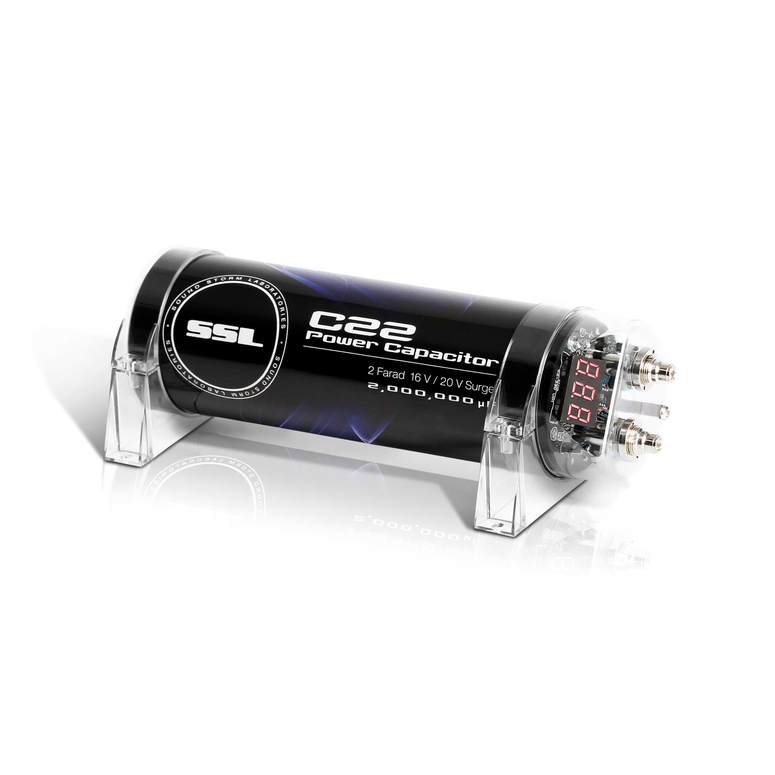 Sound Storm Laboratories C22 Car Audio Capacitor - 2 Farad, Energy Storage, Enhance Bass from Stereo, for Amplifier and Subwoofer, Warning Tones, LED Voltage Meter