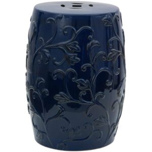 oriental furniture 18" dark blue carved flowers porcelain garden stool