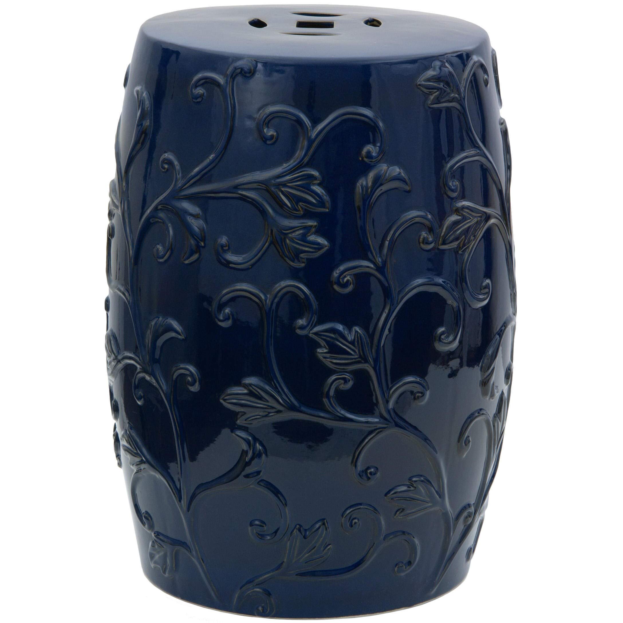 Oriental Furniture 18" Dark Blue Carved Flowers Porcelain Garden Stool