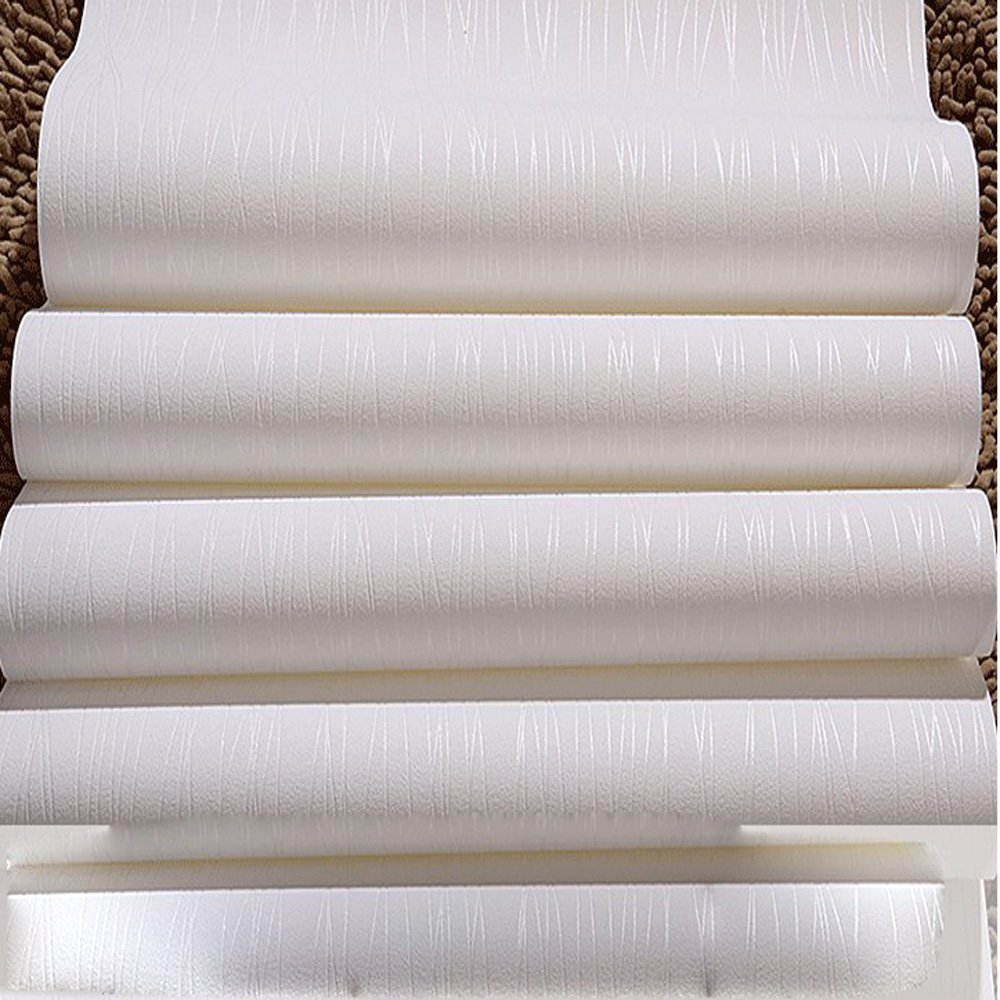 QIHANG Non-Woven Classic Flocking Plain Stripe Modern Fashion Wallpaper Wall Paper Roll for Living Room Bedroom White Color Wallpaper Roll 0.53m*10m=5.3㎡