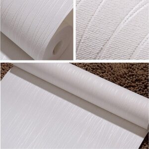 QIHANG Non-Woven Classic Flocking Plain Stripe Modern Fashion Wallpaper Wall Paper Roll for Living Room Bedroom White Color Wallpaper Roll 0.53m*10m=5.3㎡