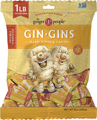 GIN GINS Double Strength Ginger Hard Candy by The Ginger People – Anti-Nausea and Digestion Aid, Individually Wrapped Healthy Candy - Double Strength Ginger Flavor, Large 1 lb Bag (16oz) - Pack of 1