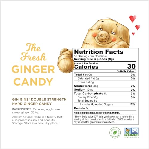 GIN GINS Double Strength Ginger Hard Candy by The Ginger People – Anti-Nausea and Digestion Aid, Individually Wrapped Healthy Candy - Double Strength Ginger Flavor, Large 1 lb Bag (16oz) - Pack of 1