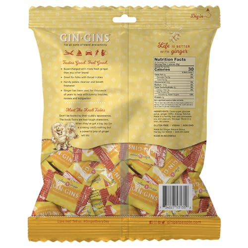 GIN GINS Double Strength Ginger Hard Candy by The Ginger People – Anti-Nausea and Digestion Aid, Individually Wrapped Healthy Candy - Double Strength Ginger Flavor, Large 1 lb Bag (16oz) - Pack of 1