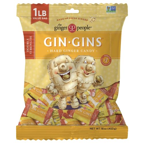 GIN GINS Double Strength Ginger Hard Candy by The Ginger People – Anti-Nausea and Digestion Aid, Individually Wrapped Healthy Candy - Double Strength Ginger Flavor, Large 1 lb Bag (16oz) - Pack of 1