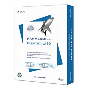 hammermill printer paper, great white 30% recycled paper, 8.5 x 11 - 92 bright, made in the usa, 086710 - 1 ream (500 sheets)