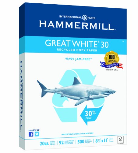 Hammermill Printer Paper, Great White 30% Recycled Paper, 8.5 x 11 - 92 Bright, Made in the USA, 086710 - 1 Ream (500 Sheets)