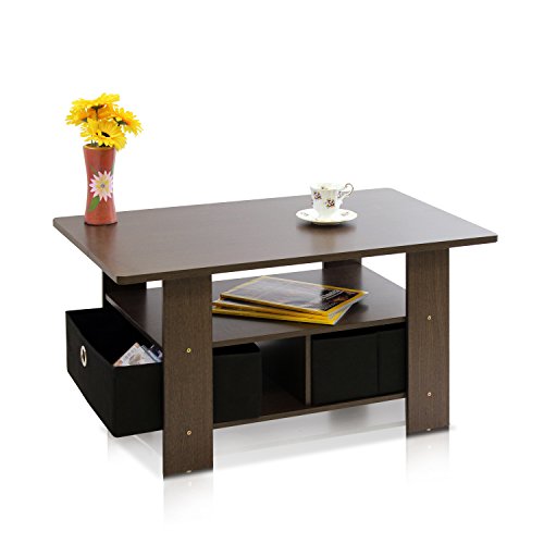 Furinno Coffee Table with Bins, Dark Brown/Black