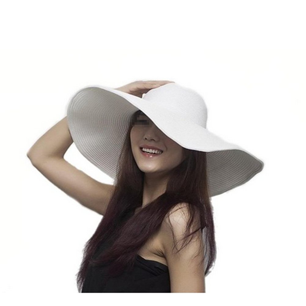 TOPWEL Women's Large Wide Brim Floppy Sun Hat Beautiful Solid Color Beach Sun Visor Shade Straw Hat Cap Summer Beach Hat White