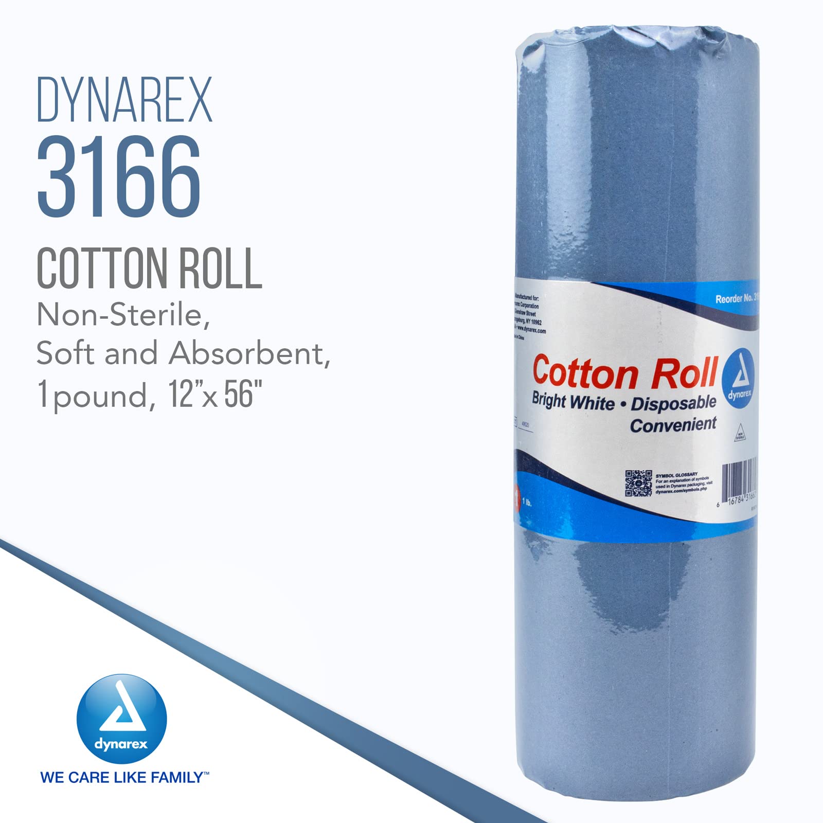 Dynarex Cotton Roll – Non-Sterile, Soft and Absorbent Cotton in an Easy to Tear & Use Roll, 1-pound, 12” x 56", White, 1 - Dynarex Cotton Roll