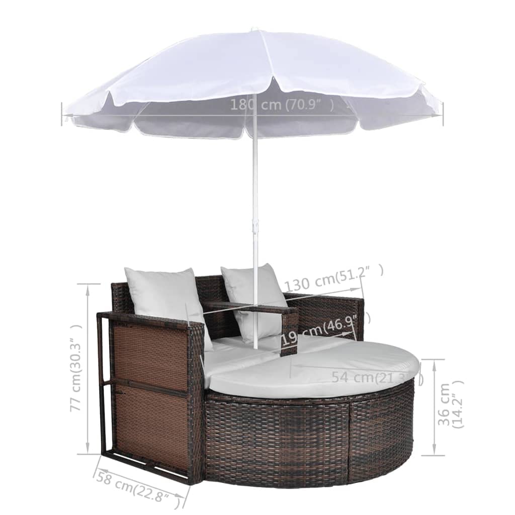 vidaXL Garden Bed with Parasol Brown Poly Rattan