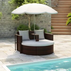 vidaXL Garden Bed with Parasol Brown Poly Rattan