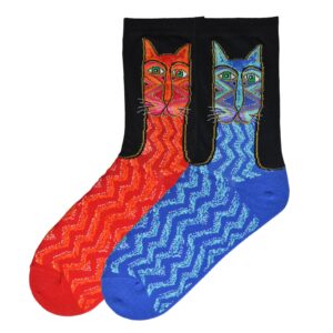 k. bell women's single pack cat design crew socks, zig zag cat red, 9-11