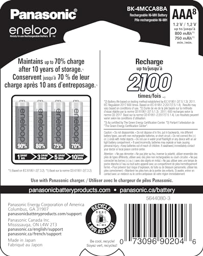 Eneloop Panasonic BK-4MCCA8BA AAA 2100 Cycle Ni-MH Pre-Charged Rechargeable Batteries, 8-Battery Pack