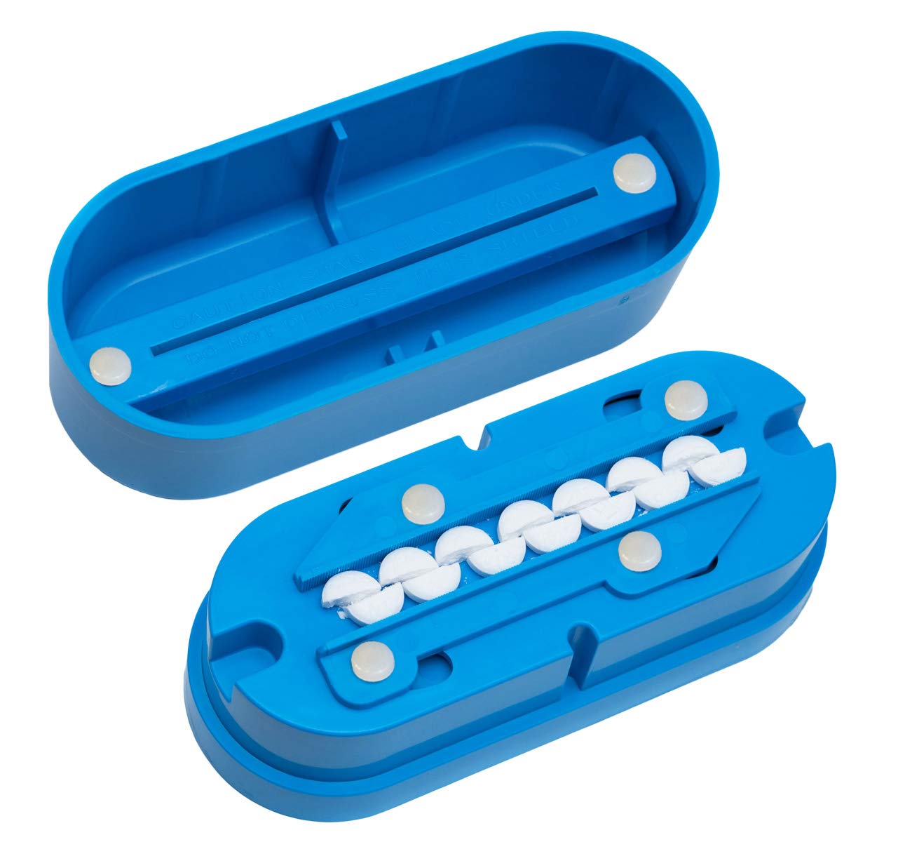 Multiple Pill Splitter. Original Patented Design, with Accurate Pill Alignment, Sturdy Cutting Blade and Blade Guard, for Splitting and Quartering Round or Oblong Pills.US Patent No. 9,827,165.